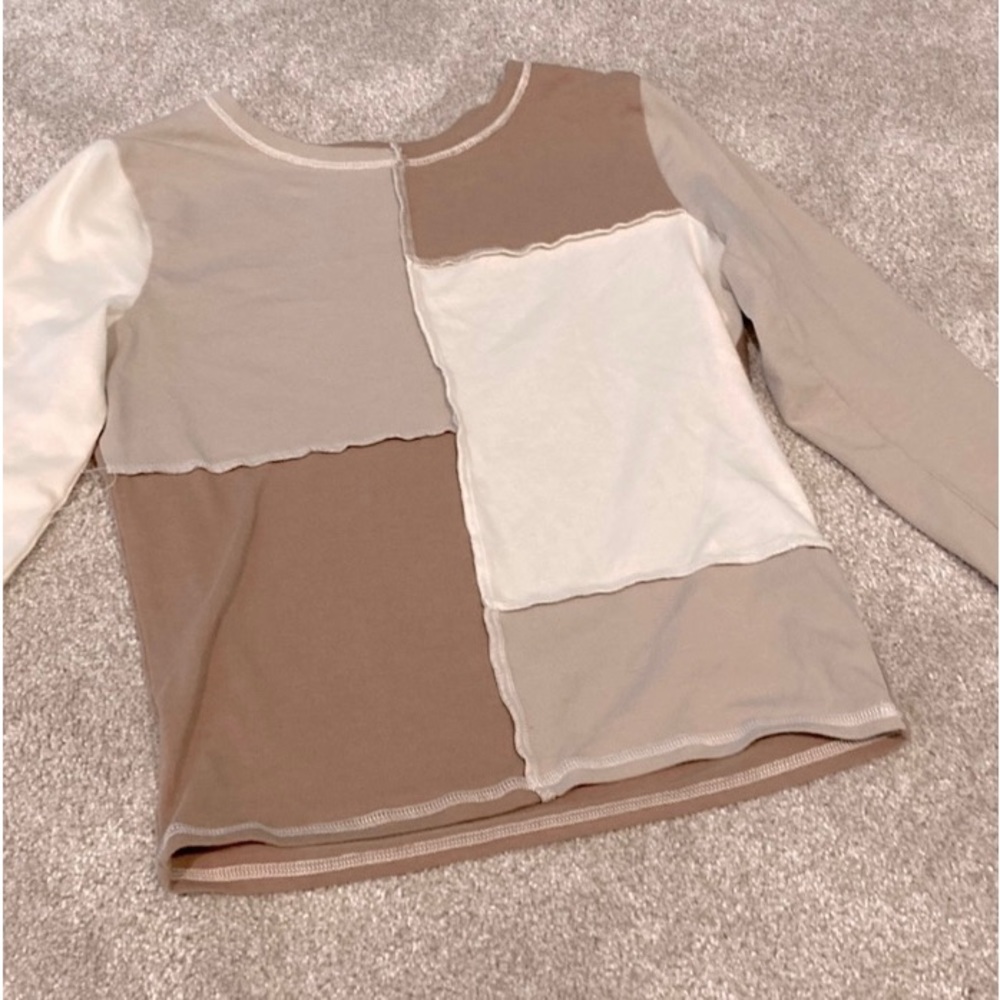 Hollister Patchwork Long Sleeve Tee in Cream and Brown